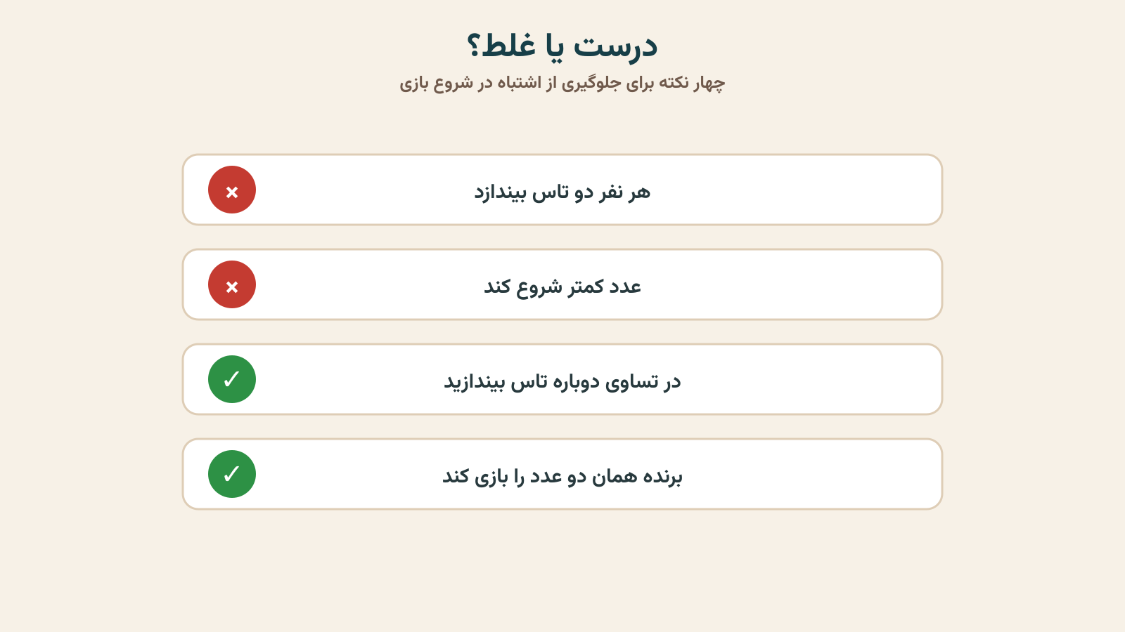 چک‌لیست درست و غلط تاس شروع